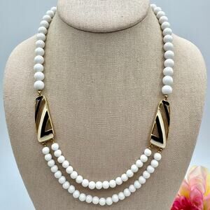 Vintage Trifari White Beaded Swag Necklace Enamel Accents 80s Retro Chic Signed